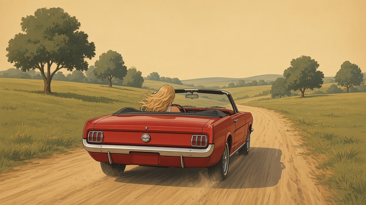 De rode Mustang rijdt weg over een zandpad door het buitengebied