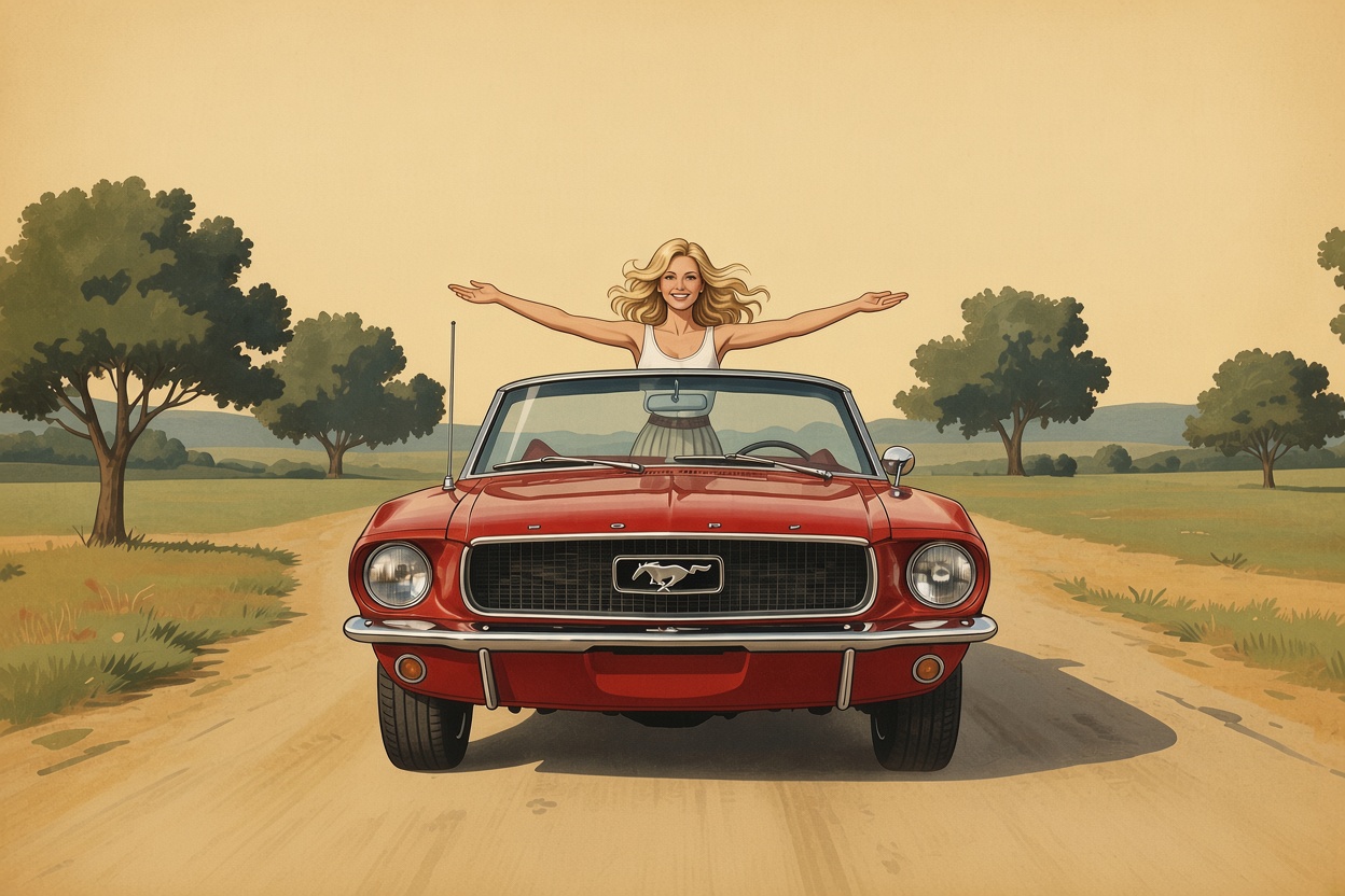 Getekende rode Ford Mustang convertible op een zandpad, met een vrouw die juichend in de auto staat