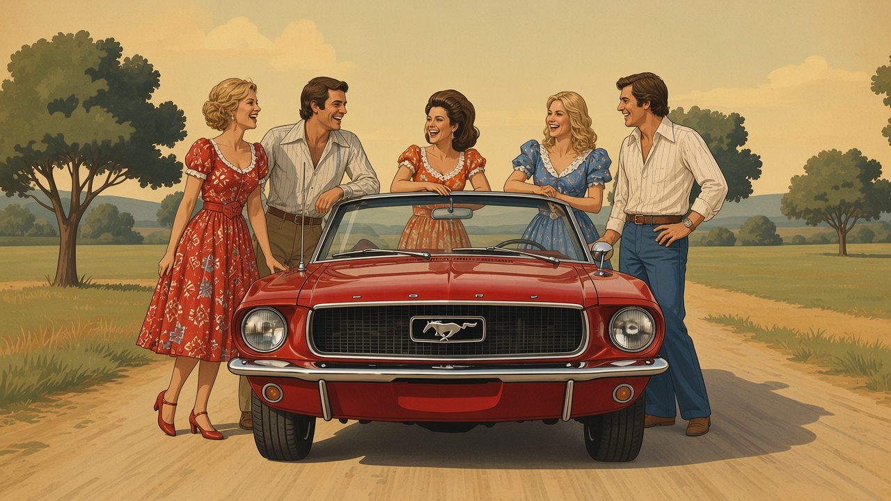 Leden van de vereniging bij de rode Mustang op een landweg