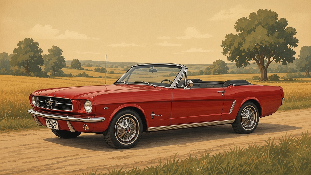 Zijaanzicht van de rode Ford Mustang convertible op een zandpad
